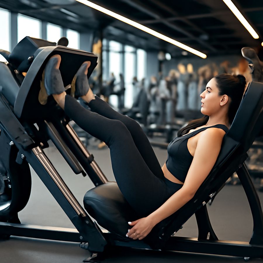 Execução correta do Leg press 45° na academia, exercício que trabalha quadríceps, glúteo máximo